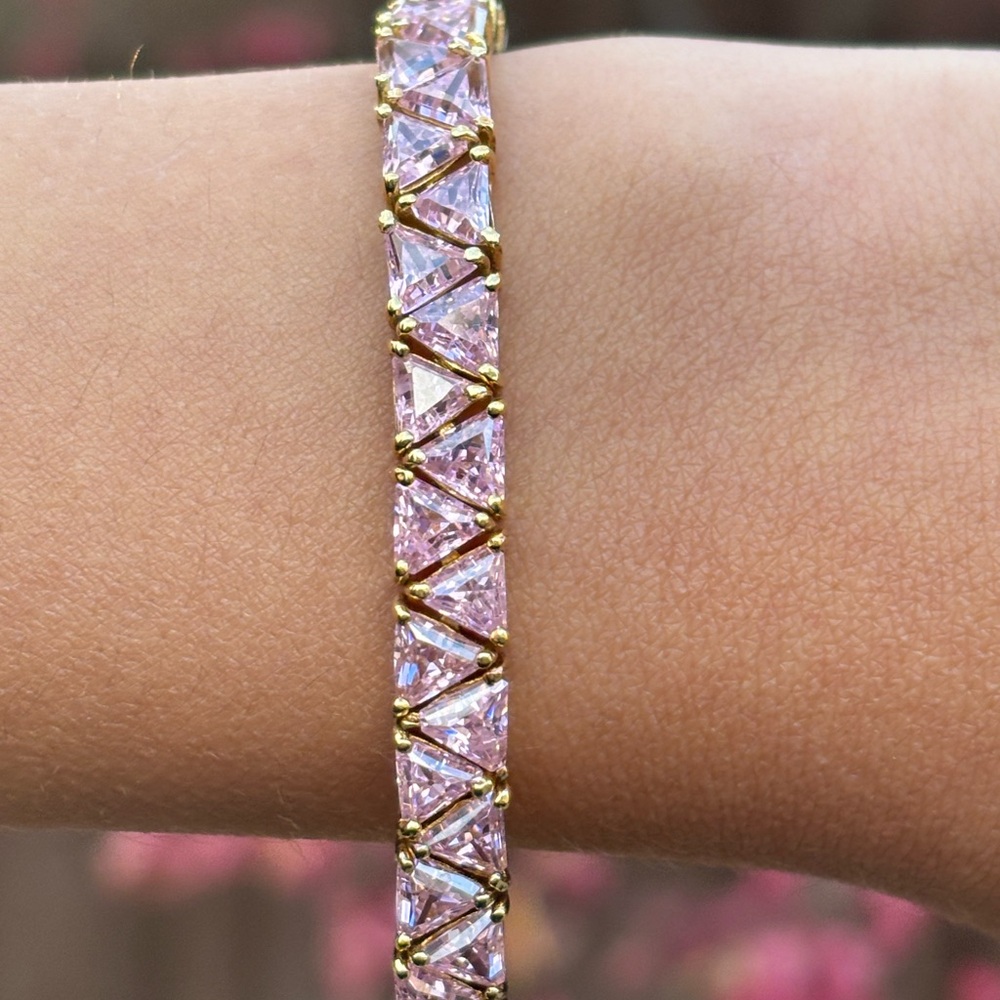 Vintage Pink CZ Trillion Cut Tennis Bracelet • 925  Gold Vermeil 7.5” Gift
